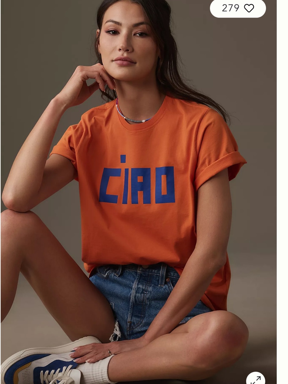 Clare V Orange Graphic 'CIAO' Tee with Blue Print, Small